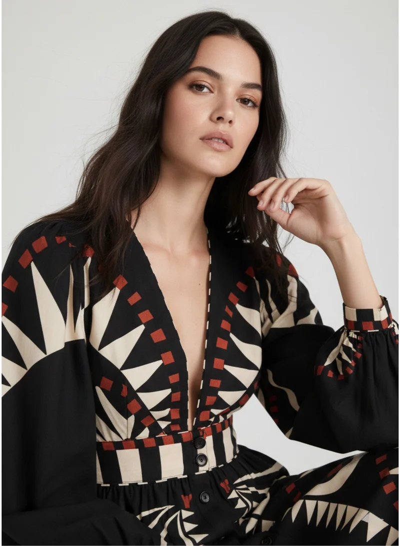 Outzidr  Black Placement Tribal Print Shirt Maxi Dress for Women | Best Price UAE
